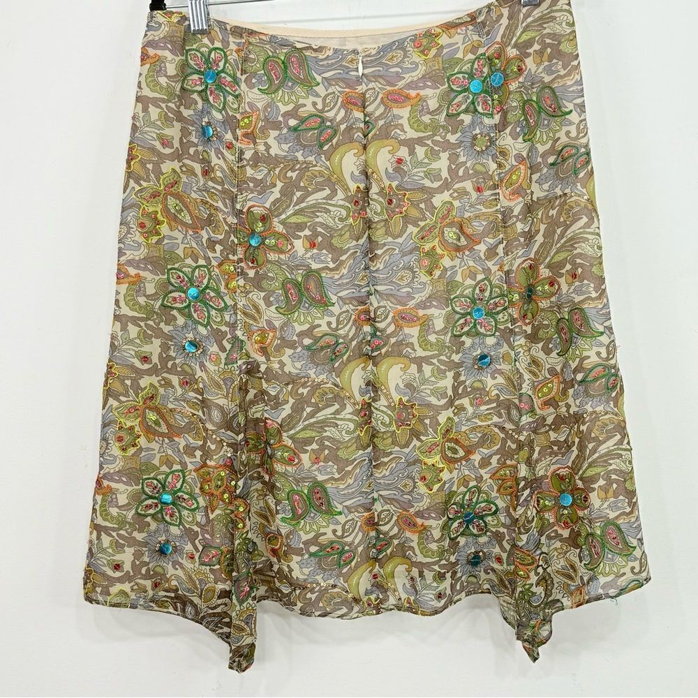 Strenesse Blue Brown Colorful Sequin Embroidered 100% Silk Paisley Floral Skirt - Picture 10 of 16